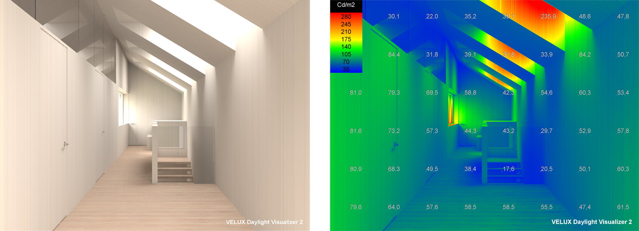 Two views showing a room’s daylight quantity