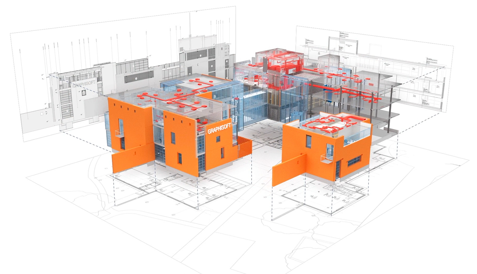 a 3D Archicad model with its corresponding 2D drawings for plans and elevations