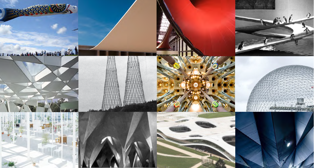 12 images in a collage showing various building forms