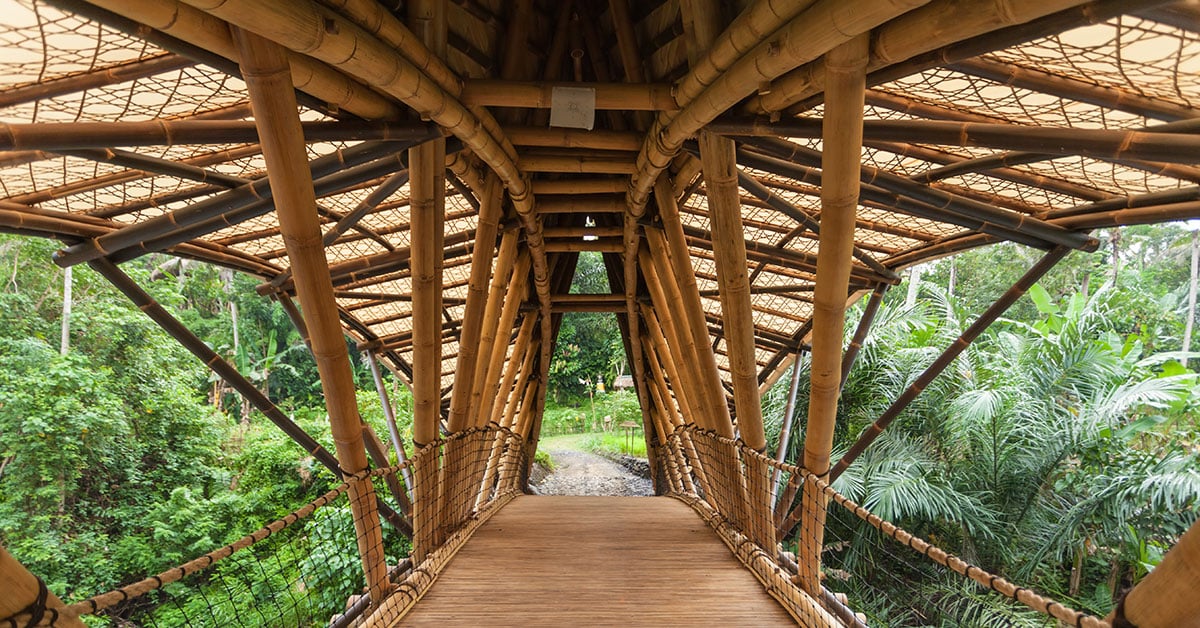A wooden bridge with bamboo structure and overhangs