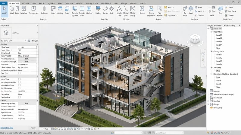 3D BIM building model design interface.