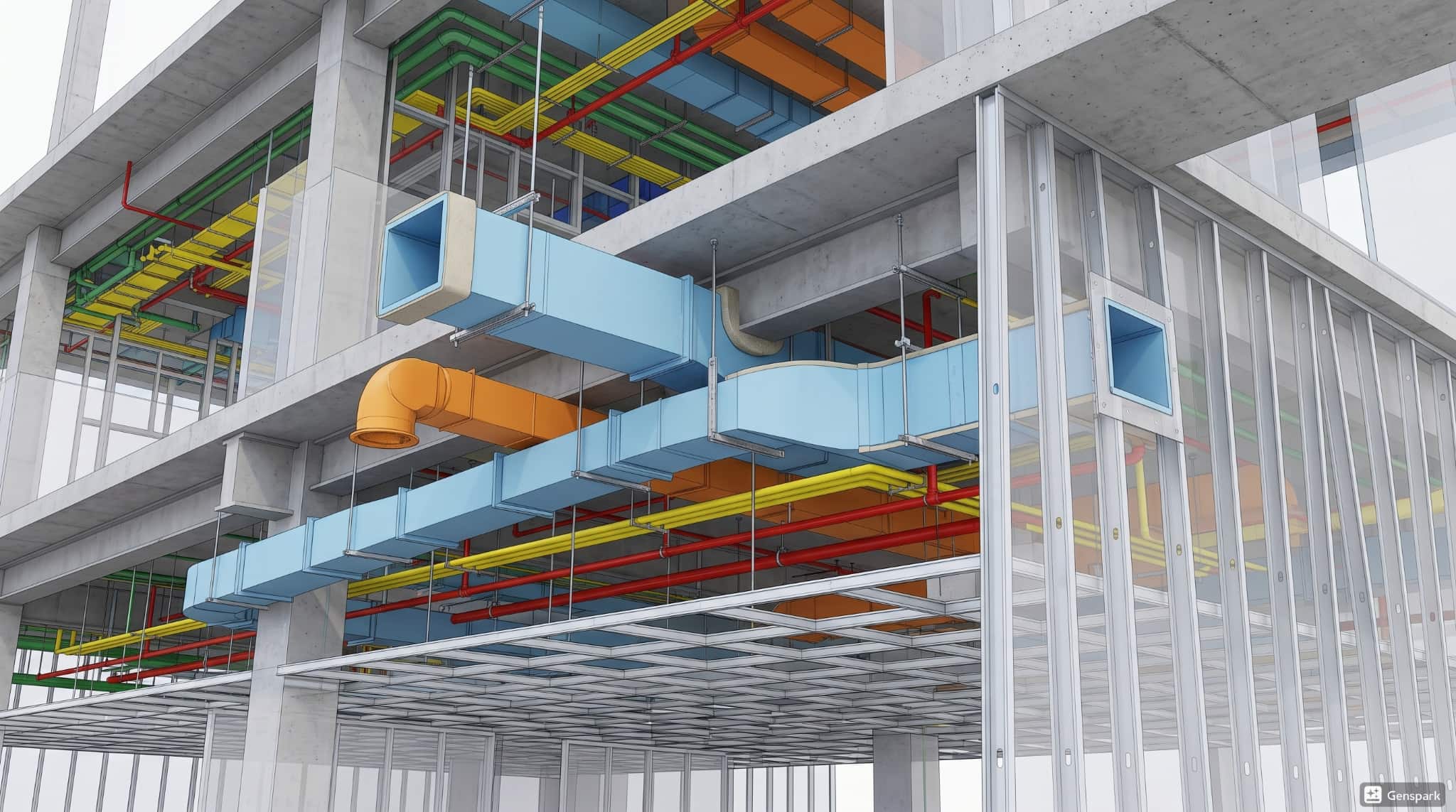 3D BIM model showing HVAC duct routing in a building.