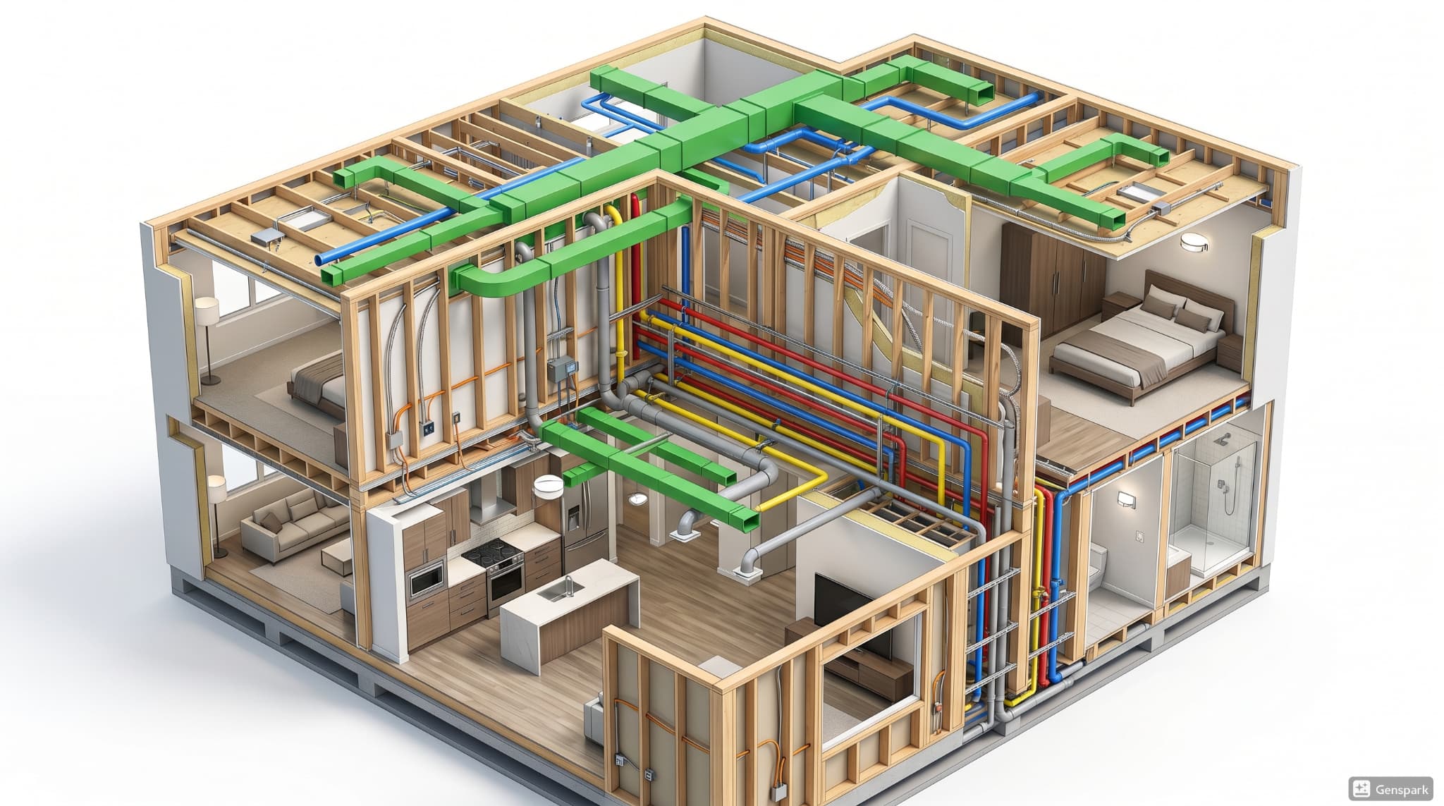 3D architectural cross-section showing coordinated structural framing and MEP systems.