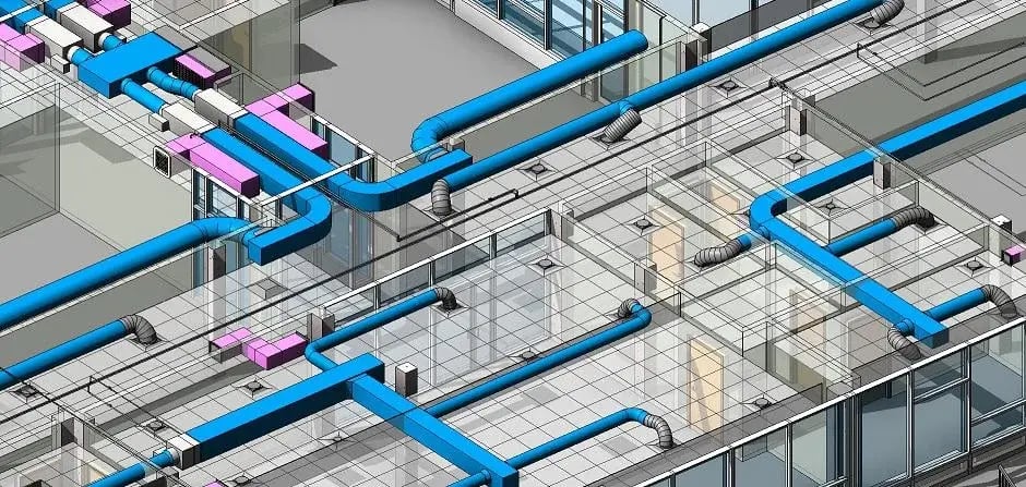 3D architectural rendering of a building with visible HVAC pipes