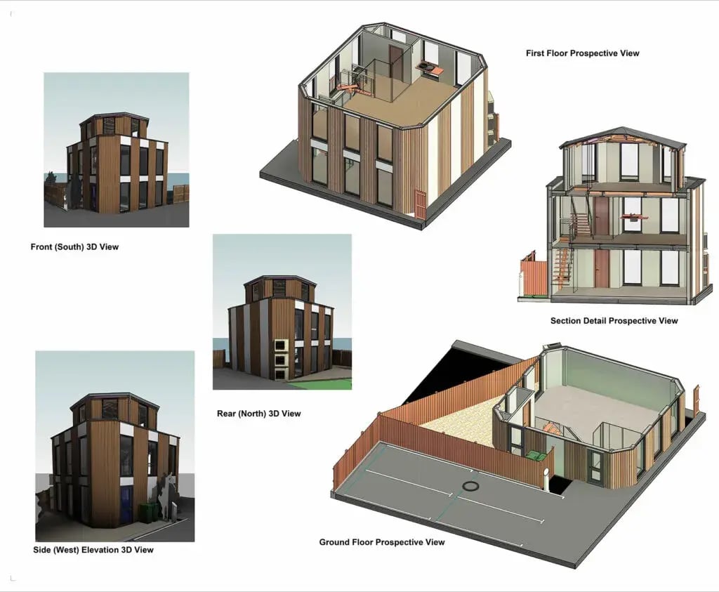 3D architectural renderings showing different exterior and interior views of a building.