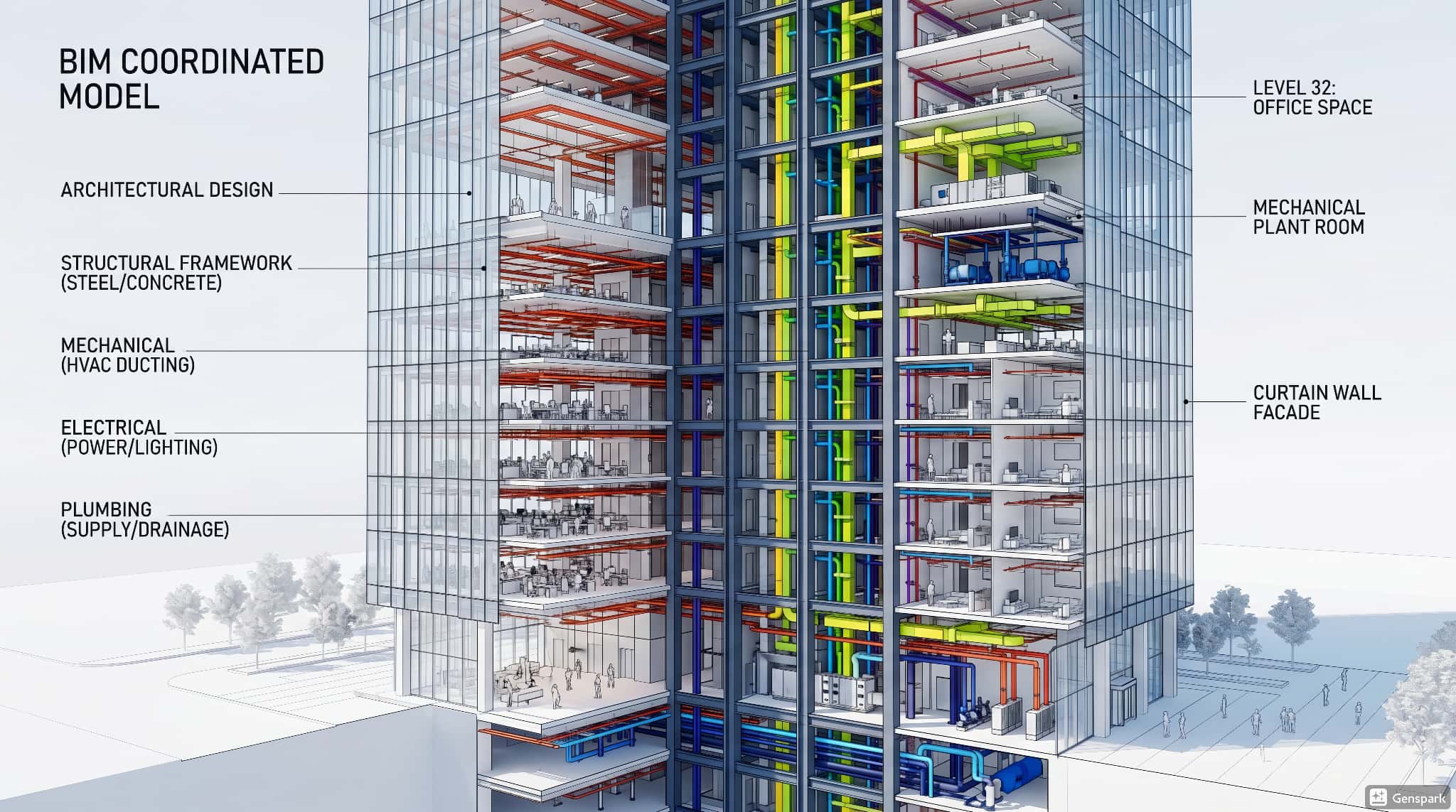 3D building cutaway with architecture, structure, and MEP layers.