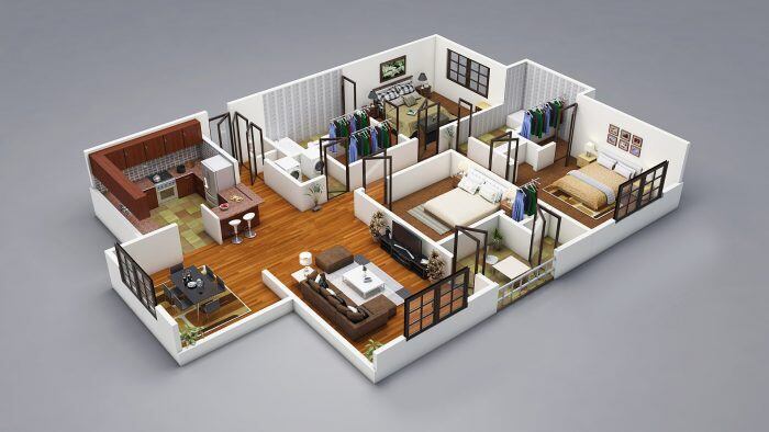 3D floor plan of an apartment created using architecture software