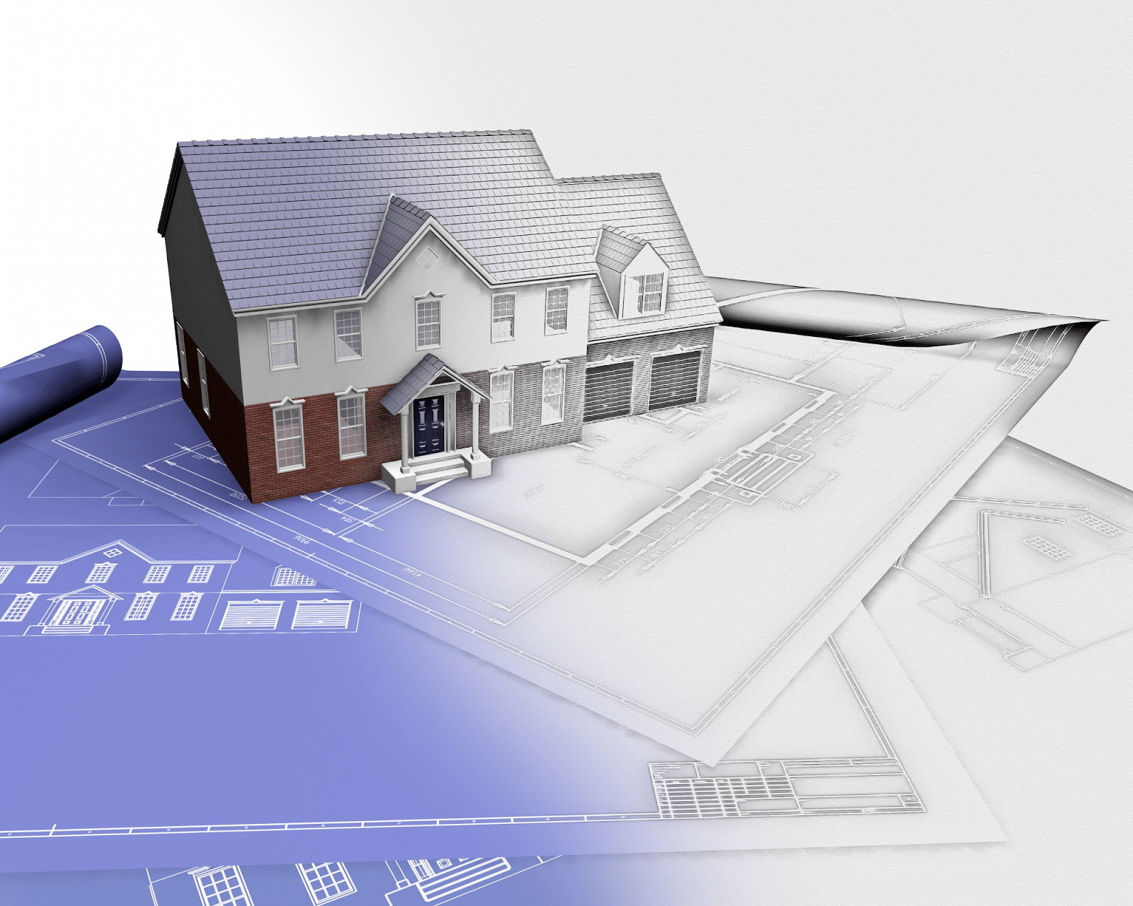 3D house model placed over architectural floor plans.