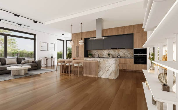 3D interior visualisation of an open living and kitchen space-1