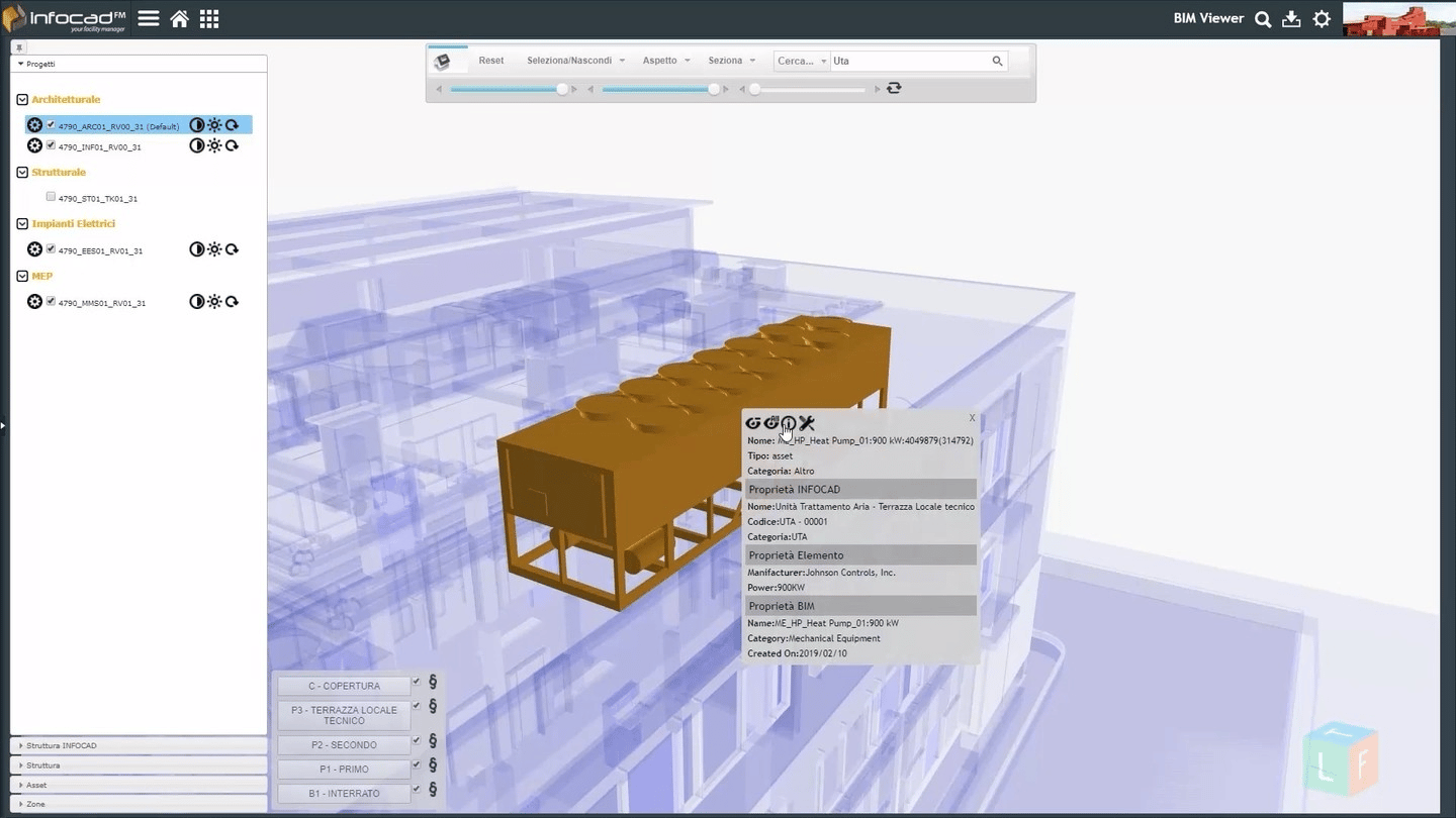 3D model illustrating MEP system components in a building.