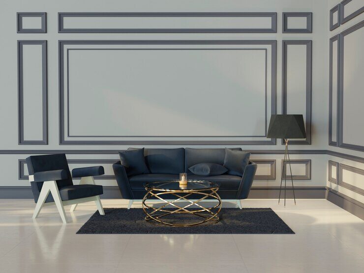 3D rendering of a room interior with classic design and furniture