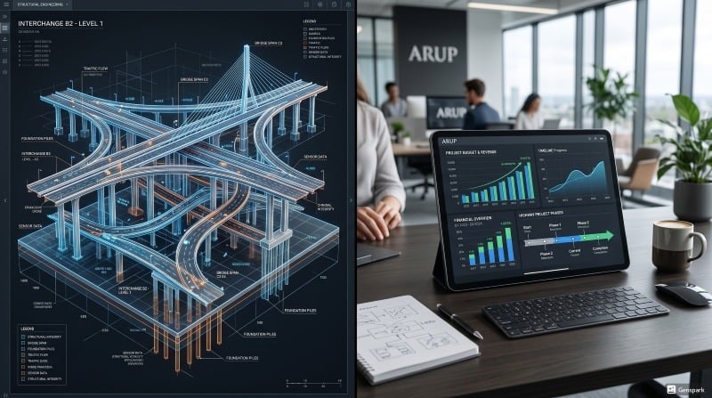 3D structural infrastructure model alongside corporate growth charts.
