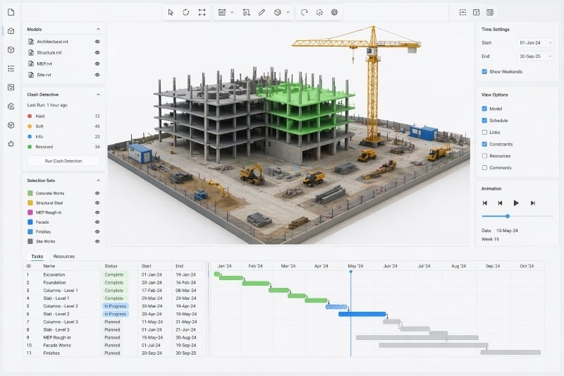 4D BIM construction model with timeline simulation.