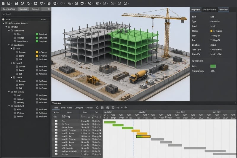 4D BIM construction sequencing with timeline visualization.
