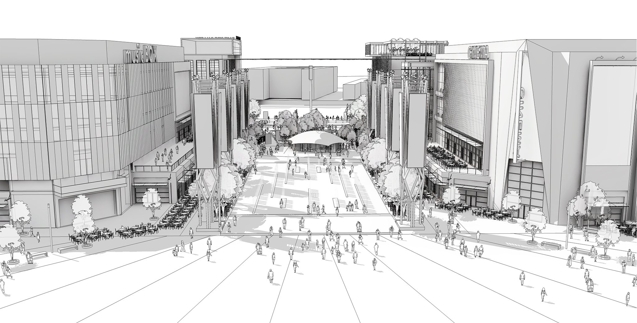 3D Sketchup model of Mercedes Platz in black and white shaded style