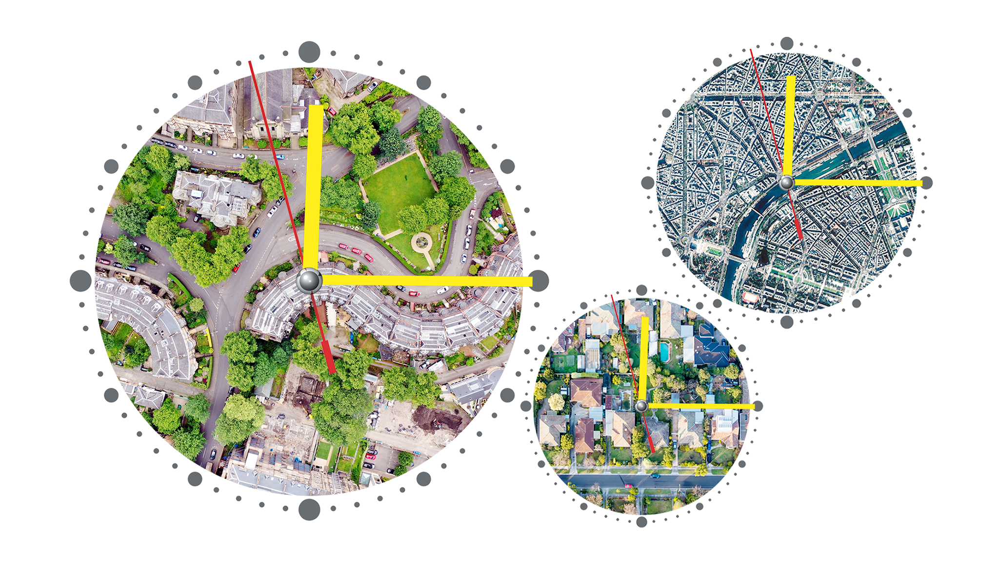 Three circles showing a 15-minute city