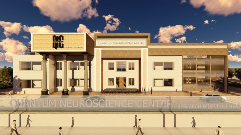 A 3D architectural AI rendering of a Quantum Neuroscience Center building.-1