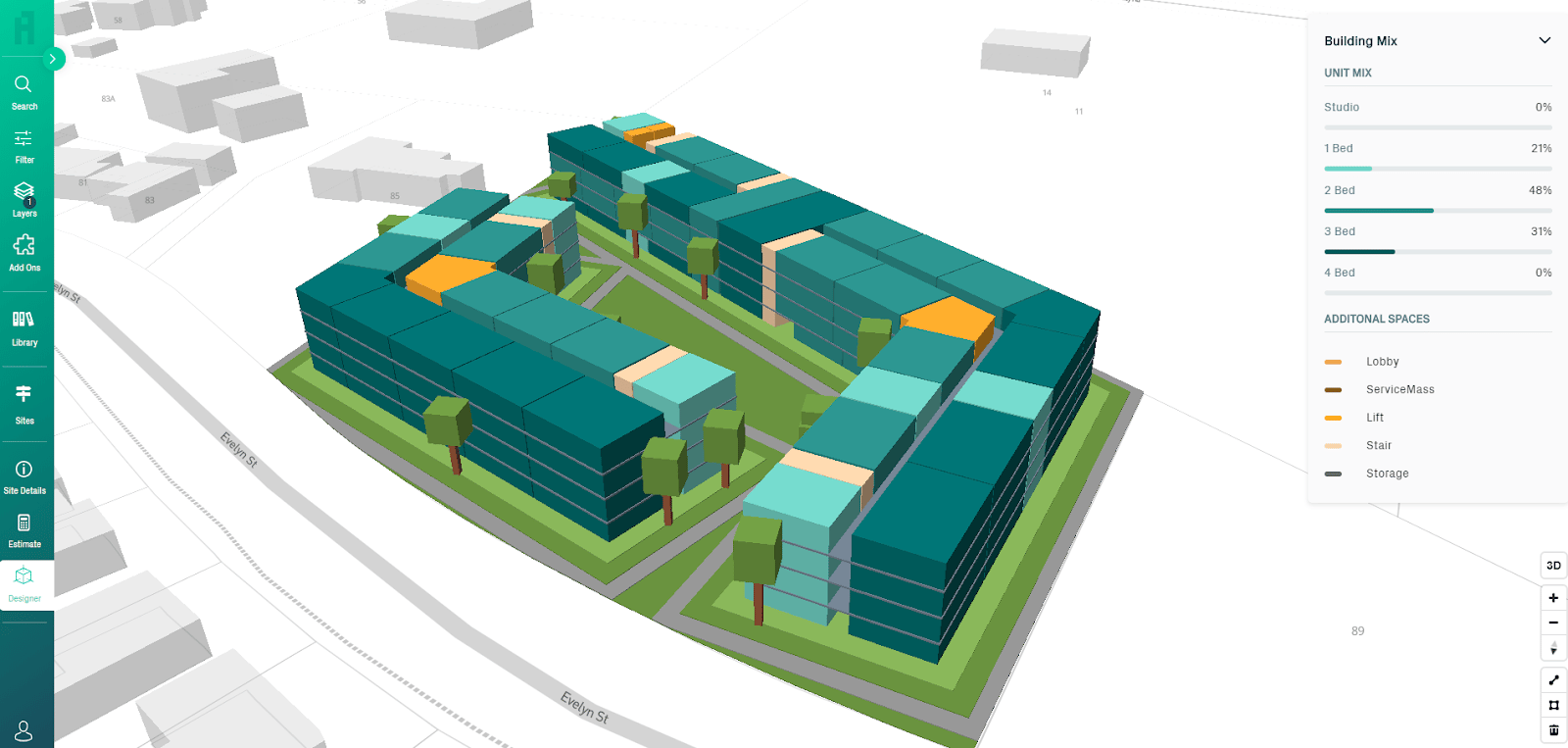 A 3D architectural drawing in progress