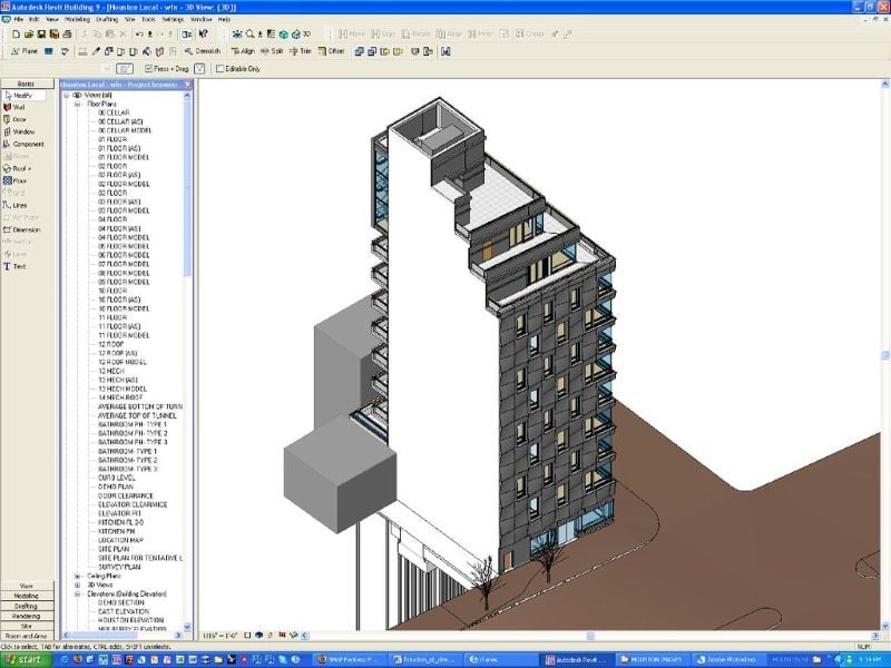 A 3D architectural model of a multi-story building within the Revit software interface.