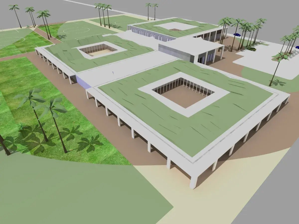 A 3D architectural rendering of an institutional building complex.