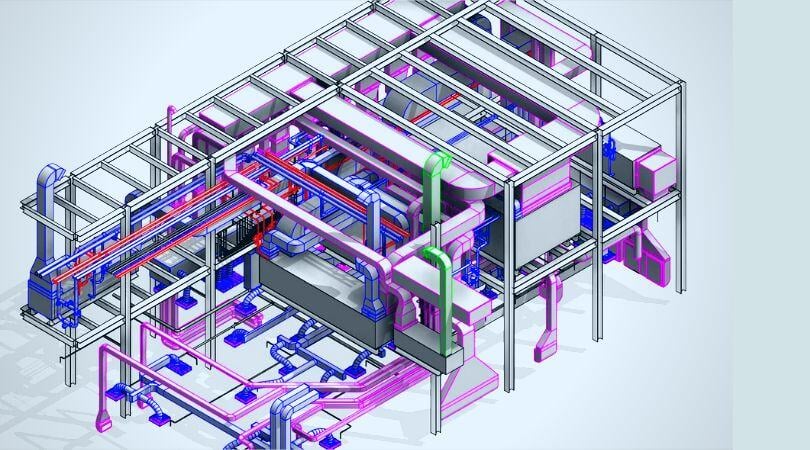 A 3D model of a building with multiple connections.