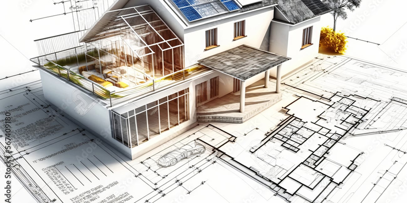 A 3D model of a house with solar panels, showcasing sustainable architectural design