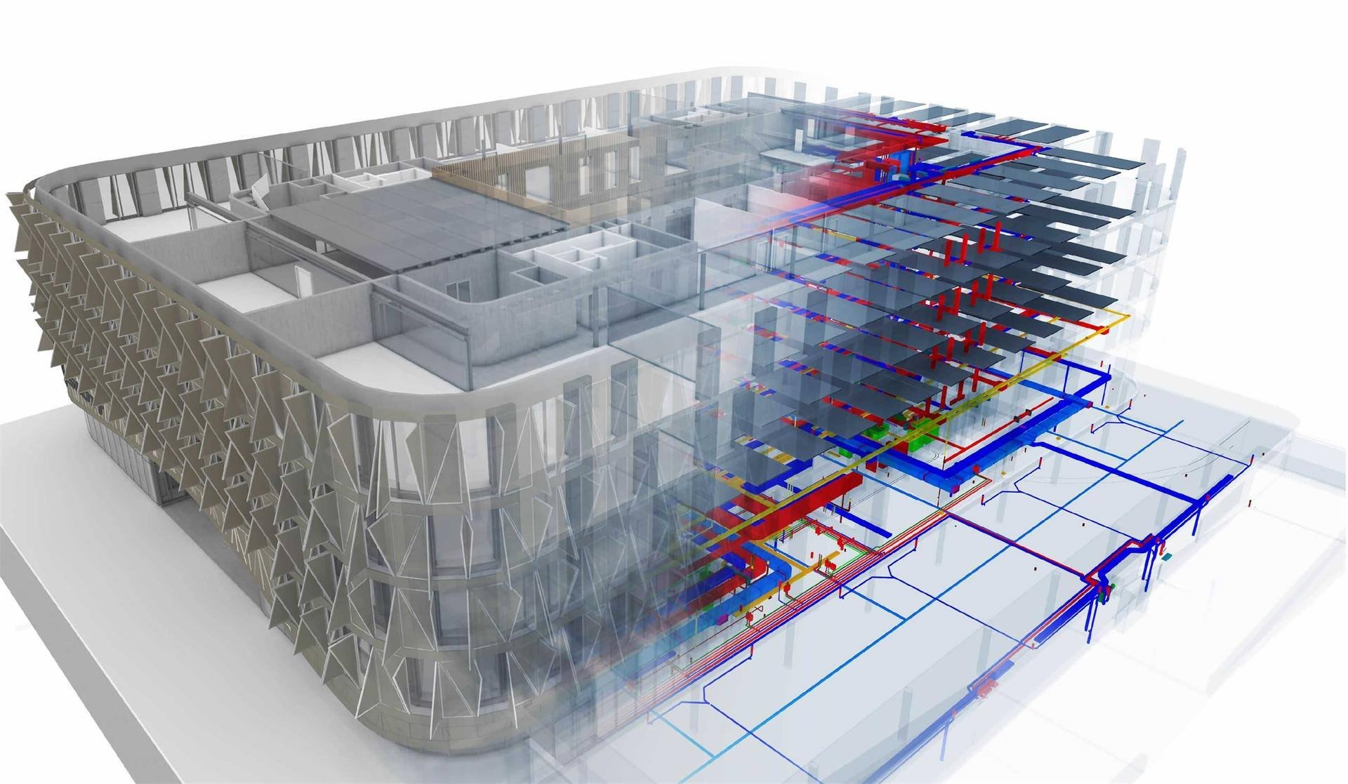 A 3D rendering of a building, showcasing multiple networks