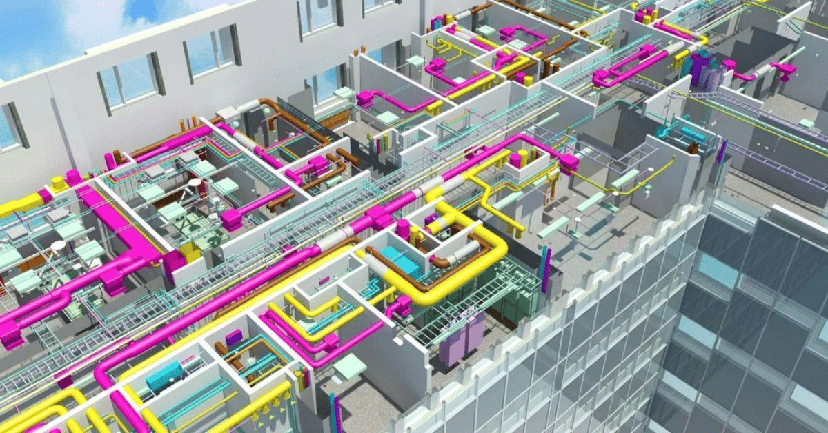 A 3D rendering of a buildings interior with a complex, color-coded network of MEP systems visible.