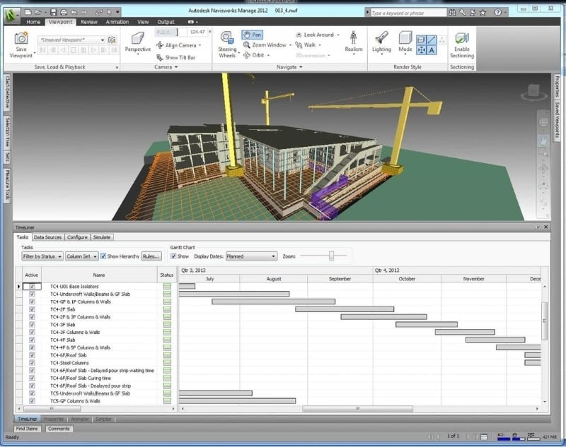A 4D BIM model linking construction schedule with design elements.
