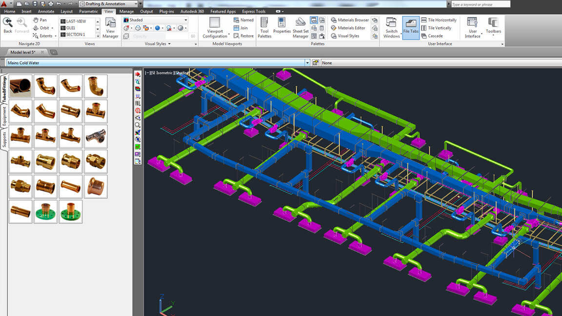 A BIM software with a 3D model of pipes and connection 