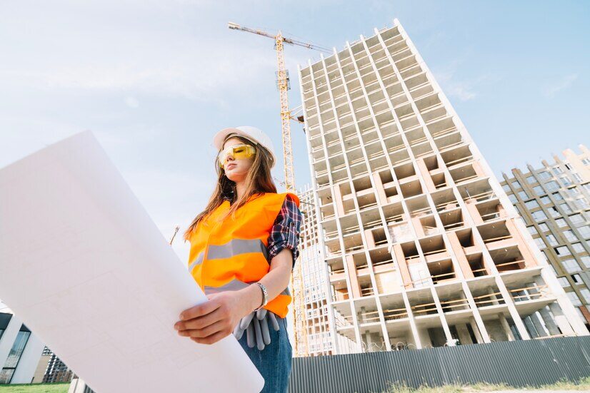 A Project Engineer analysing the architectural plan at a construction site.