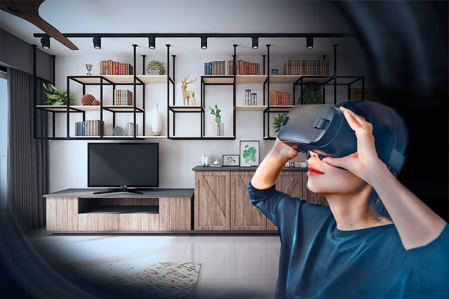 A boy exploring interior design of a living room through VR