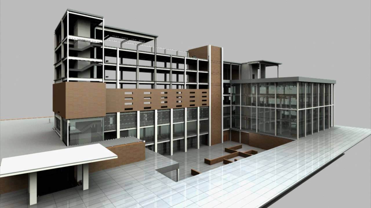 A building with a large glass window, rendered in 3D using Navisworks software