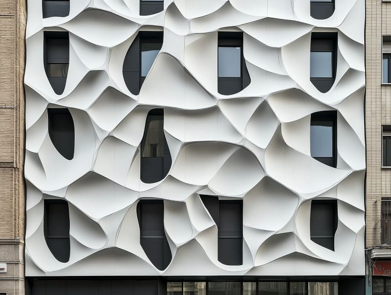 A buildings facade showing a unique, white, organic-shaped panelling system.