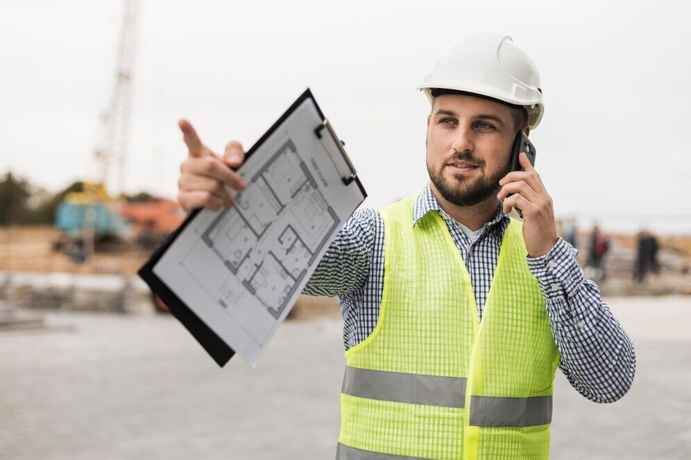 A civil engineering surveying the construction site