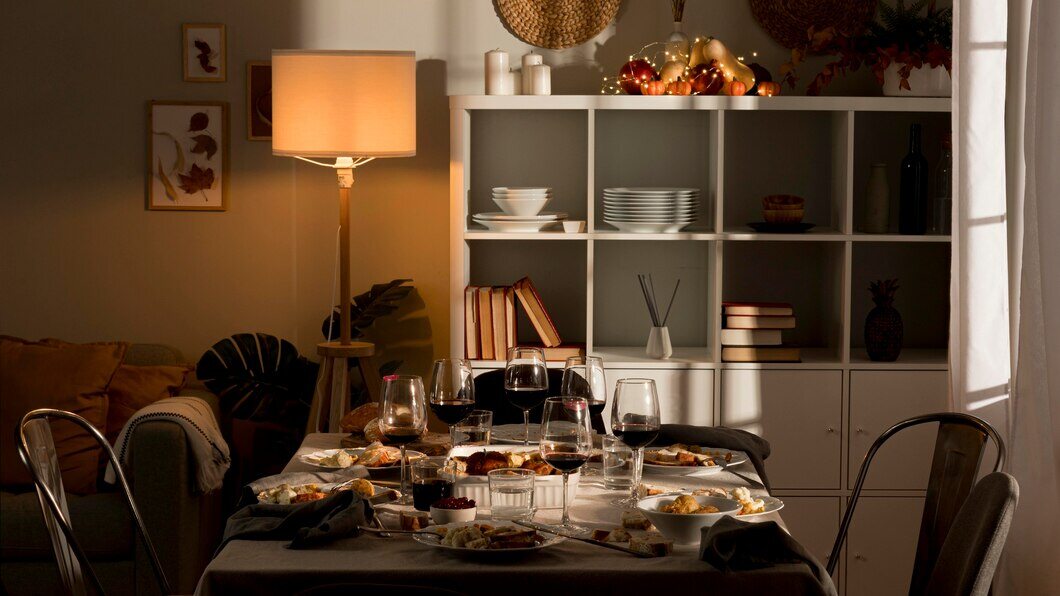 A classic interior of a dining area with utensils and decorating items