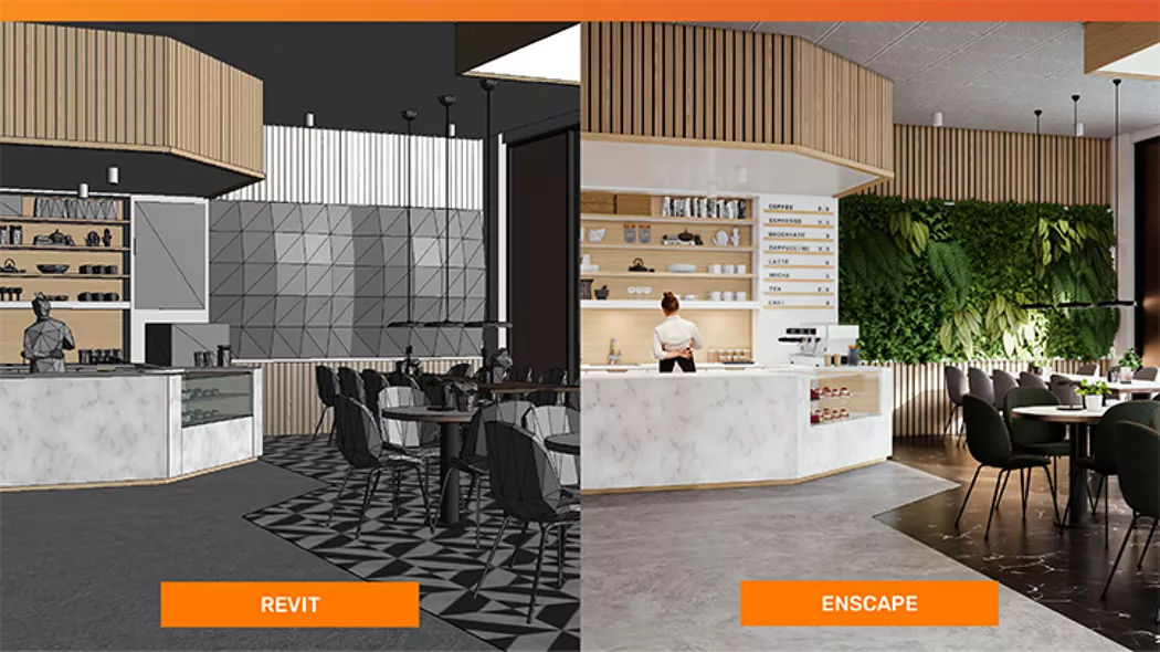 A comparison of a Revit model of a cafe interior and the rendering of it in Enscape