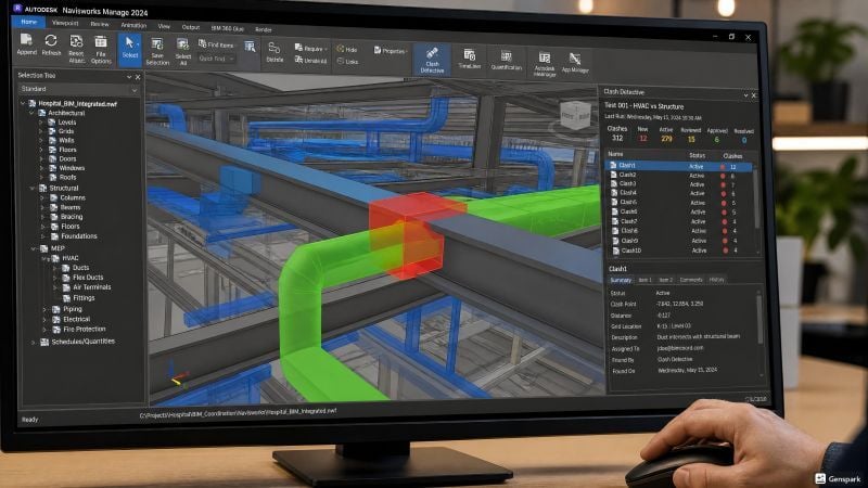 A computer monitor displaying color-coded automated clash detection on a multi-story structural BIM software interface.
