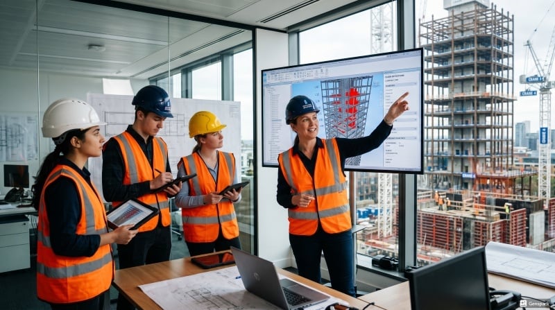 A construction manager is talking to her engineering team, while pointing out highlighted 3D clash detections.