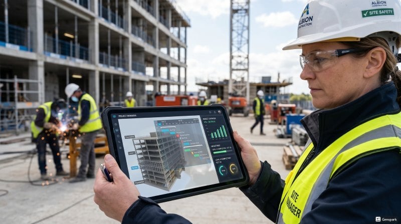 A construction project manager holding a tablet showing a 4D BIM timeline schedule on-site.
