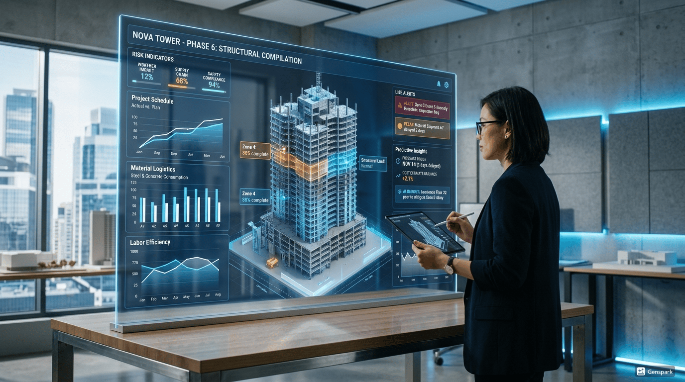 A dashboard showing AI-driven construction insights and analytics.