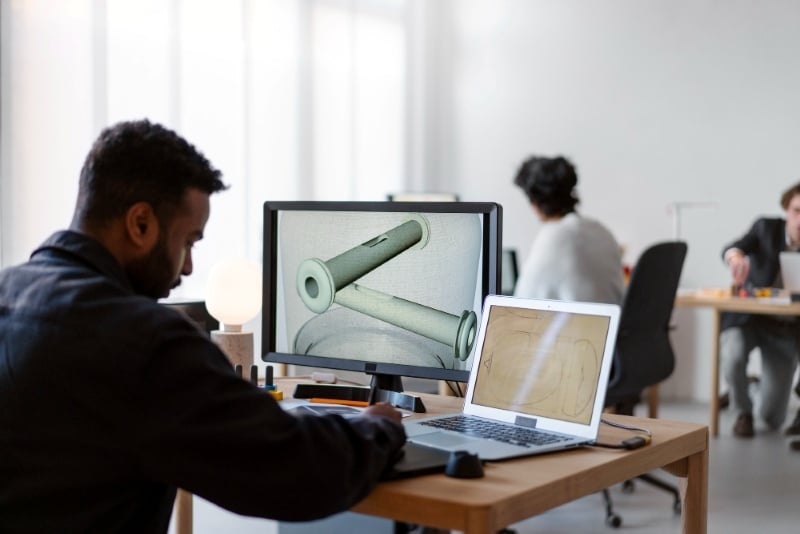 A designer working on a 3D model in D5 Render.