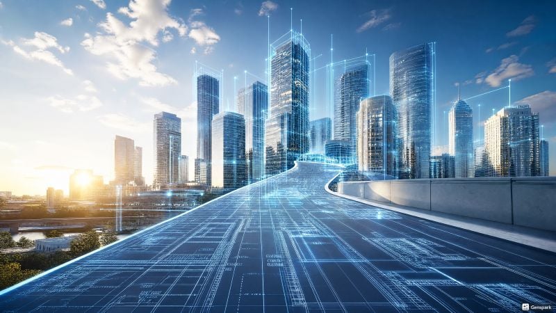 A digital blueprint pathway leading upward toward a glowing modern city skyline.