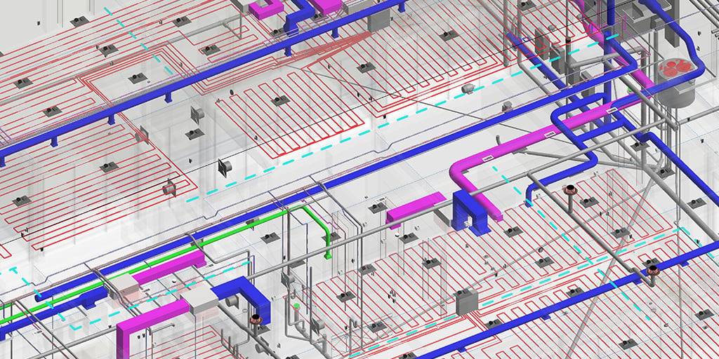 A digital image of a BIM 3D model building with pipes and plumbing systems