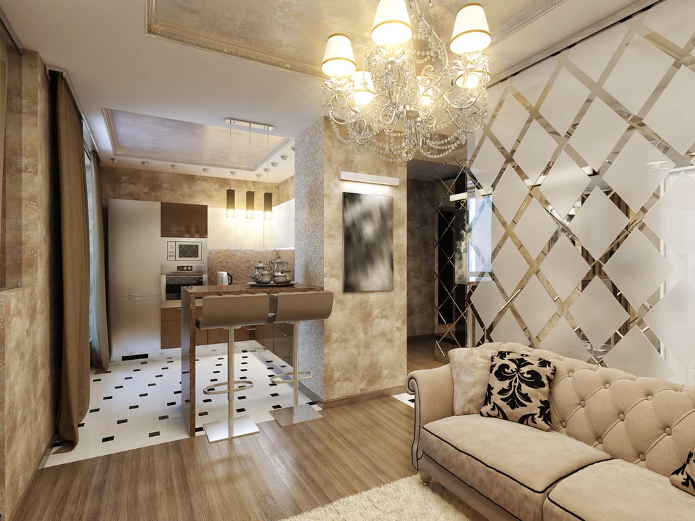 A drawing room in art deco style showcasing luxurious materials
