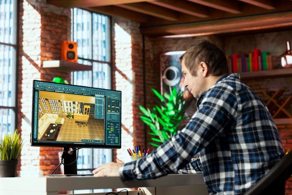 A facade engineer working in a home office. 