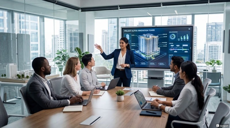 A female engineering professional presenting a 3D building lifecycle model to a corporate team.