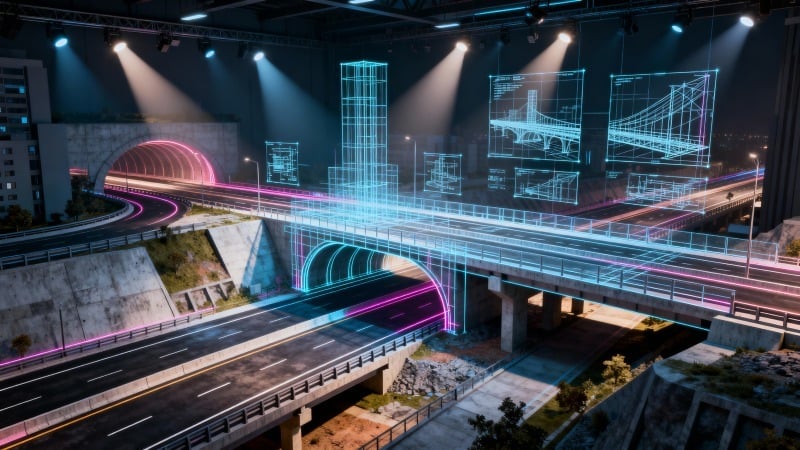 A futuristic digital rendering of a vibrant cityscape with roads, bridges, and tunnels.