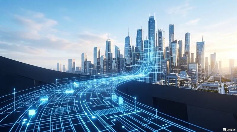 A glowing digital blueprint pathway leading upward toward a modern city skyline.