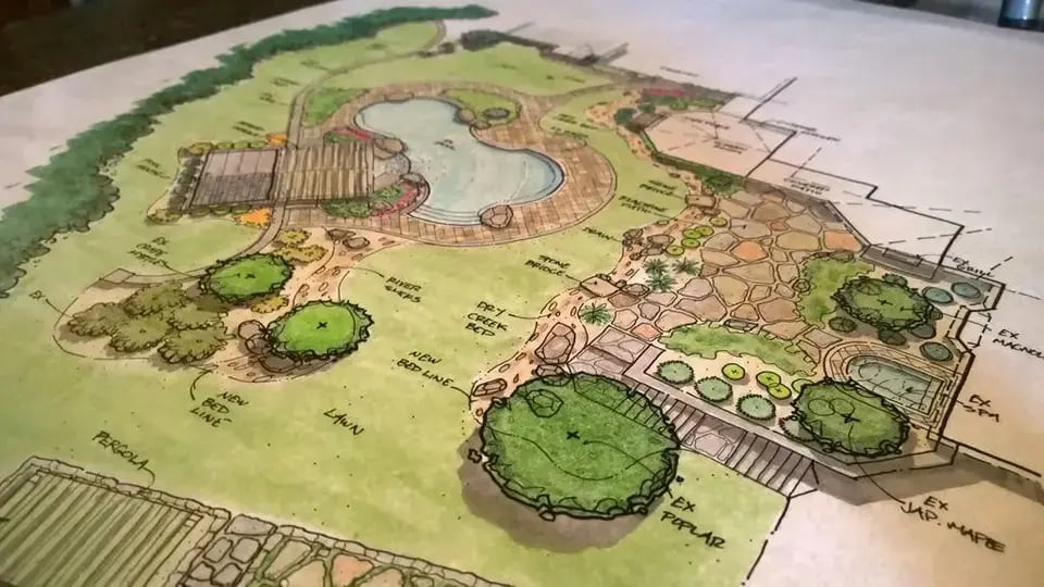 A landscape design drawing of a garden with a pool and landscaping